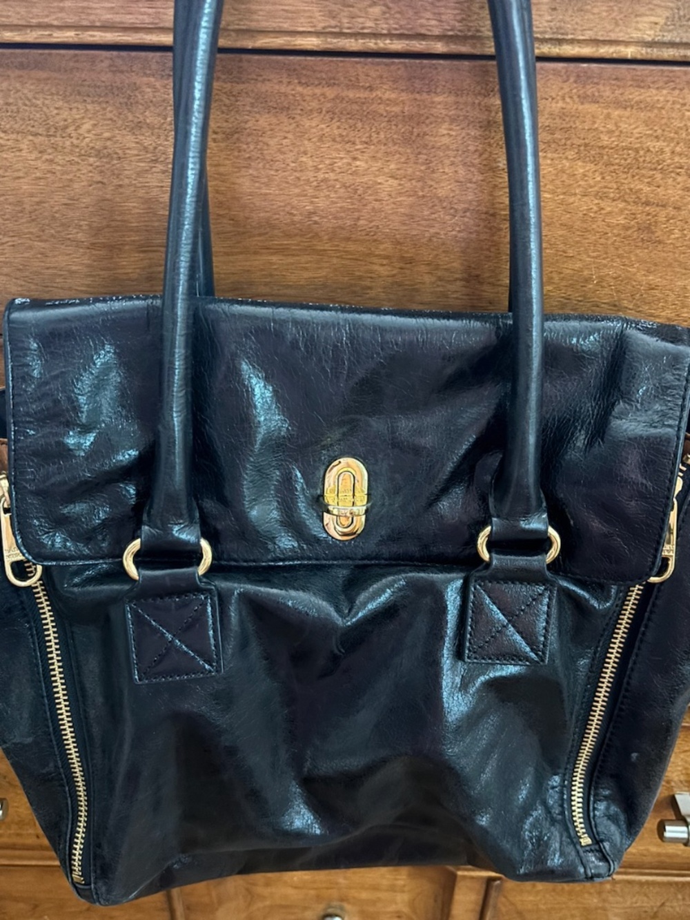 Badgley Mischka Myra Black Expandable Side Zip Tote Gold Hardware